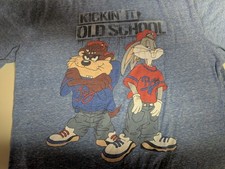 Looney Tunes VINTAGE Bugs Bunny Taz "Kickin' It Old School" Heather Blue Sz. Med