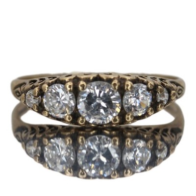 Viktorianischer Stil Ring Gold 9 kt CZ 0,86 kt 5 Steine geschnitzt filigran Galerie Größe W