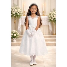 NEW Girls First Holy Communion Dress Size 8 - Corded Emb Tulle Sequin Tea-Length