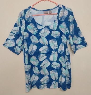 7 05 Chico's 3 (XL in US) Blue Tropical Leaf Print Scoop Neck Top
