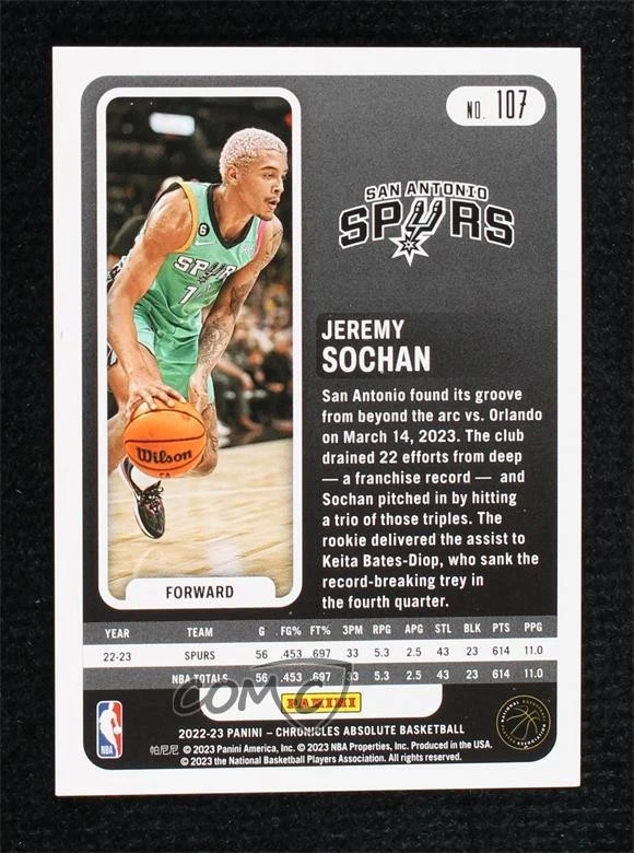 2022-23 Panini Chronicles Absolute Asia Red /48 Jeremy Sochan #107 Rookie RC - Image 2 of 2
