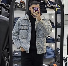 Mens Blue Solid Denim Jacket Button Front Poi...