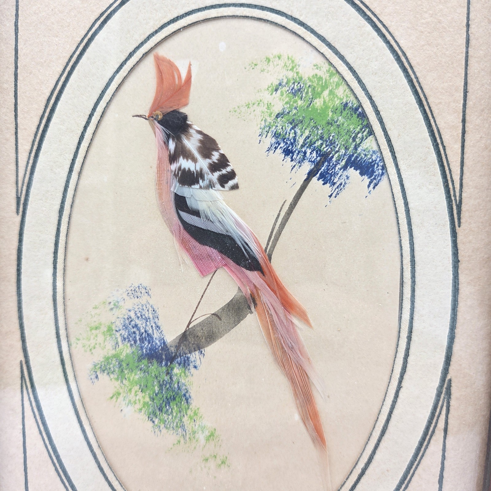 Vintage 1960's Handmade Feather Art Bird Pictures — Pair — 6" x 7.5" Framed Folk