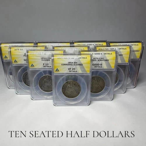 Ten Different Seated Liberty Half Dollars ANACS Graded