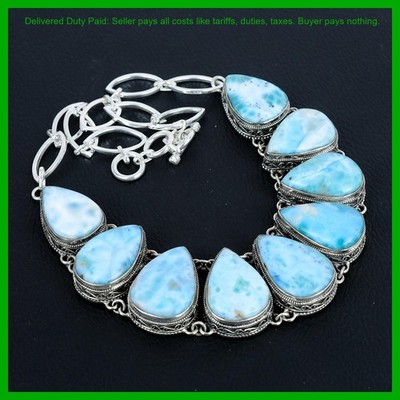 Christmas Deal Sterling Silver Natural Larimar Vintage Chain Necklace Jewelry