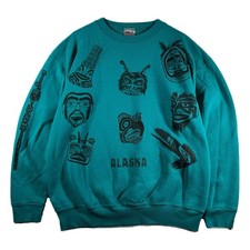 Vintage Oneita Alaska Native Mask Sweatshirt Crew USA-Made Pullover Teal (XL)