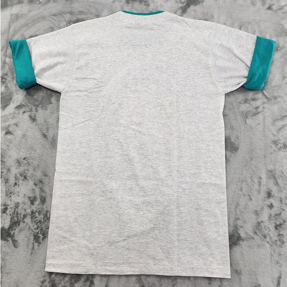 Винтажный Alore Топ женщин M серый бирюзовый ворота контраст рулон рукав графический футболка - Изображение 3 из 4
