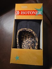 Isotoner Holiday Slippers Large 8-9 Black W Leopard Print - NIB