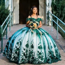 Green Quinceanera Dresses Ball Gown Off The Shoulder Floral Pearls Sweet 16