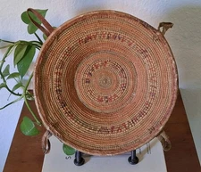 Vintage African Harari Basket With Leather Trim & Cowrie Shells, 14" In.
