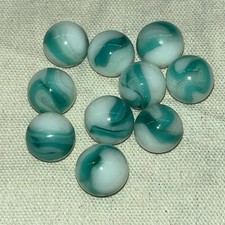 10 Vintage Glass Marbles .598-.624 aqua, Milk White Teal Swirl Arko Alley 13