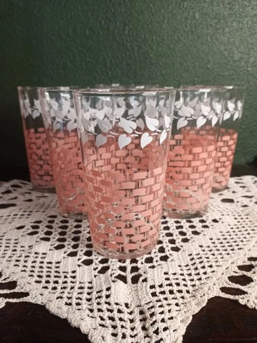 Vintage Federal Glass Tumblers 1950's Pink Weave White Leaf Design 3 Sets Of 6