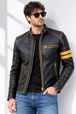 Men's Cafe Racer Genuine Sheepskin Leather Motorcycle Biker Jacket Black Coat