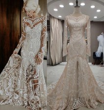 Boho Mermaid Wedding Dresses Long Sleeve Sheer Neck Beach Backless Bridal Gowns