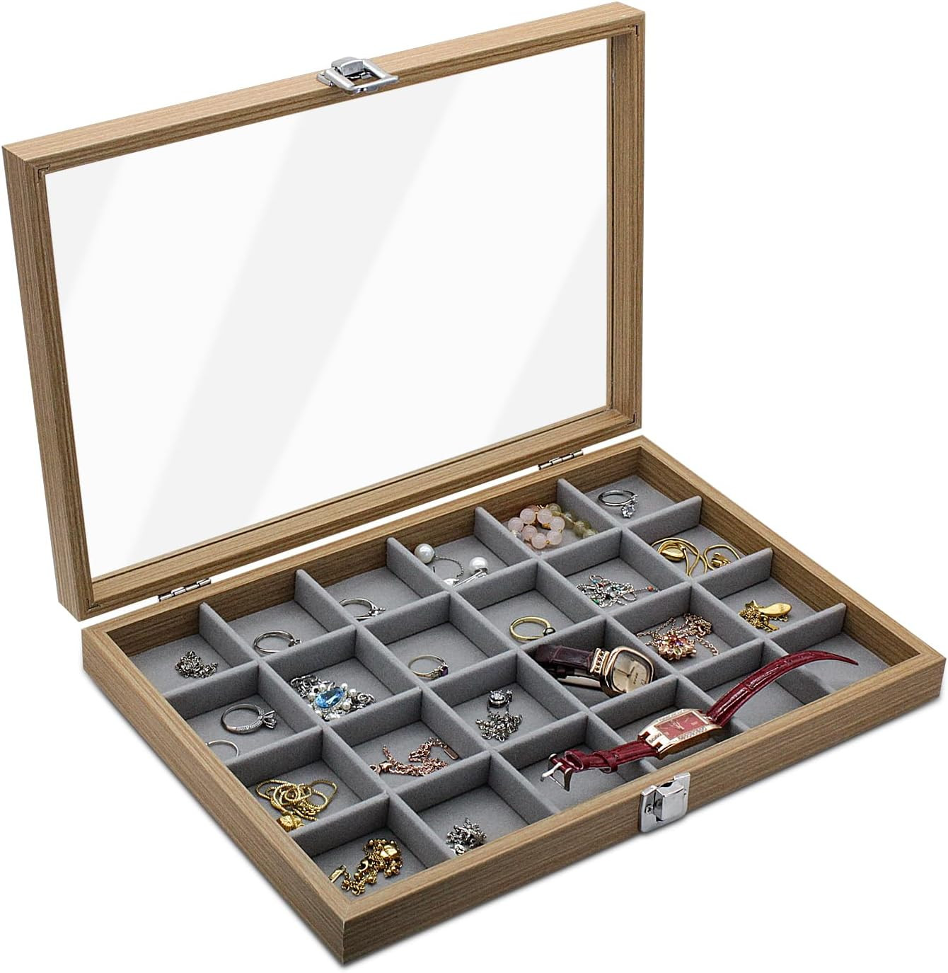 Jewelry Box with Glass Lid, Wood Organizer Box, 24-Grid Earring Grey-image