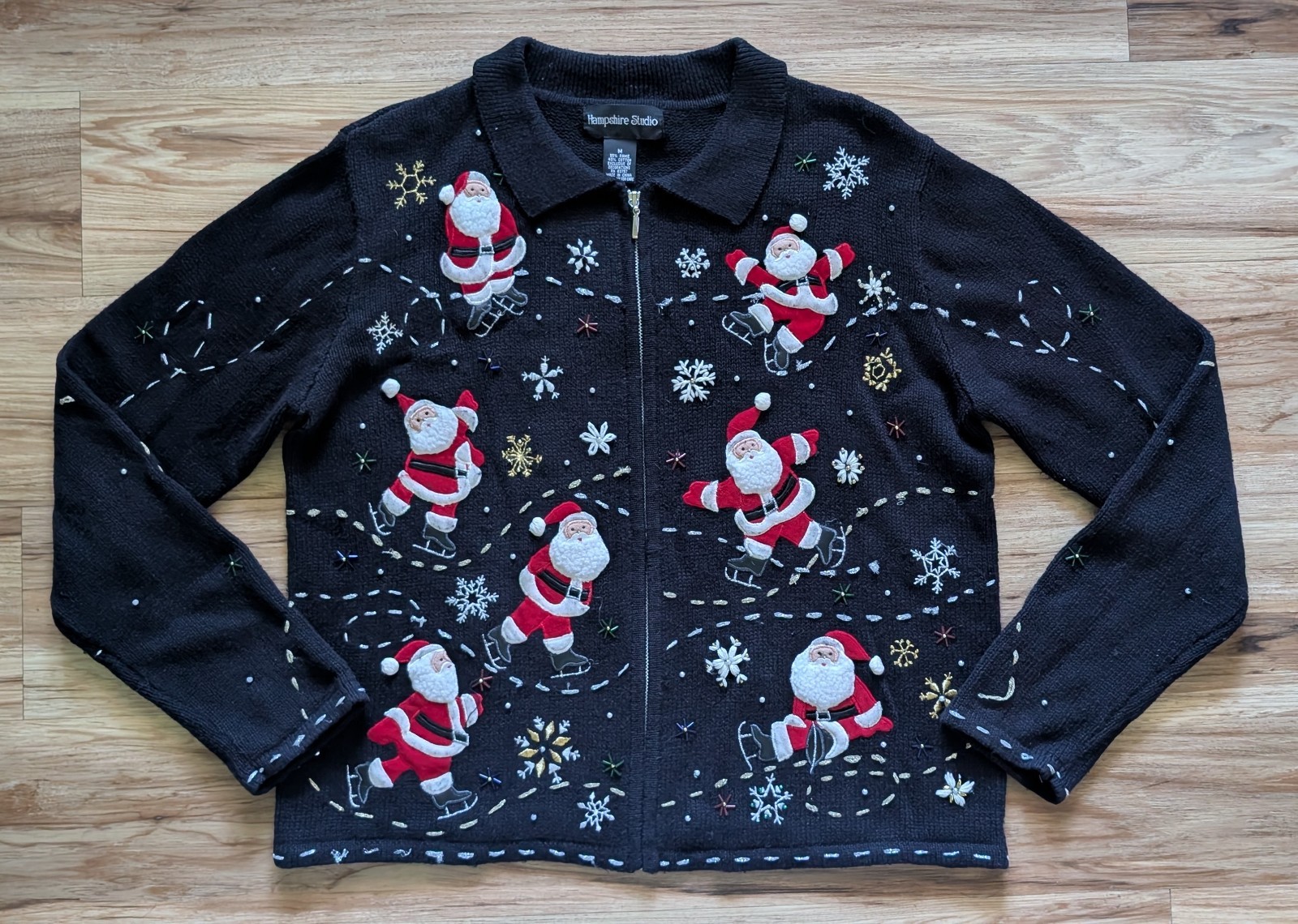 Vintage Santa Knit Christmas Sweater Womens M Black Embroidered Beaded Grannycor