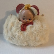 Vintage Doll Head Teddy Bear Hand Muff Warmer White Fur Satin 1940s