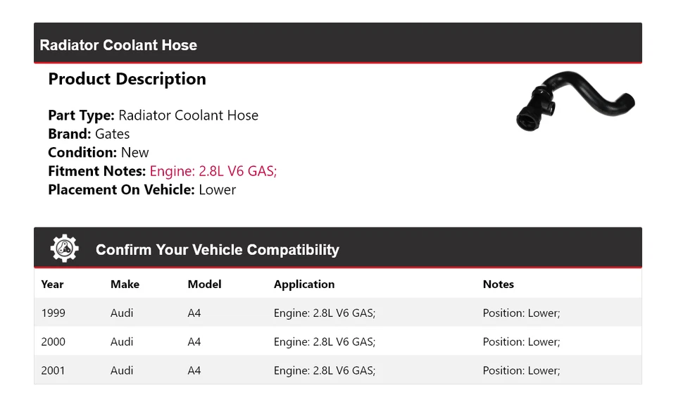 Manguera refrigerante radiador puertas inferiores 2000 para Audi A4 1999-2001 2,8 L V6 Foto 2 de 4