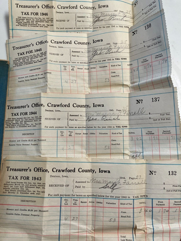CRAWFORD COUNTY, IOWA 1943-44-45-46 PROPERTY TAX BILL RECEIPTS