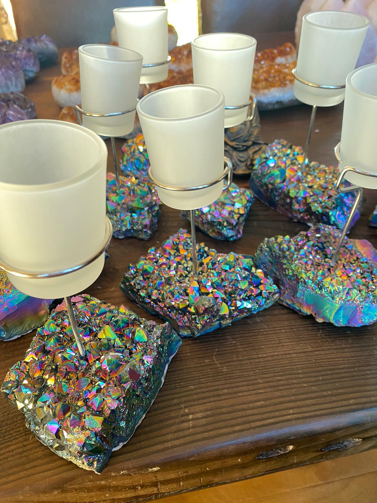Premium A Grade Rainbow Quartz Cluster Druzy Candle / 1 Cup Tealight Holder 750g