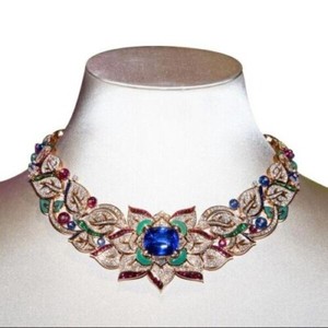 Authentic Lab Created Blue Sapphire Collar Necklace For Women Rose Gold Plated 925 Silver
