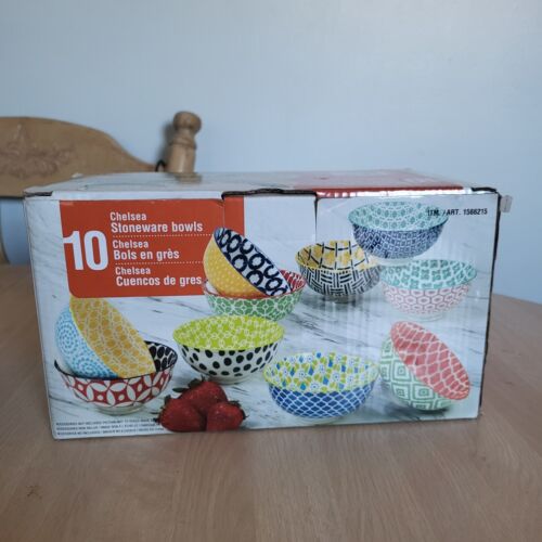Chelsea Stoneware Snack Bowls, set of 10, multi pattern, New