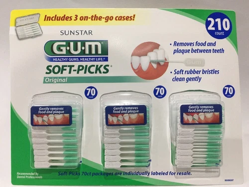 Soft-Picks Sunstar 210 Picks 3 Travel Cases Rubber Bristles Tooth Picks GUM