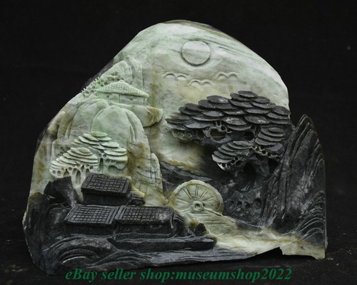 8.8" Chinese Natural Dushan Jade Carved Mountain Tree House Waterwheel Statue - Picture 6 of 11