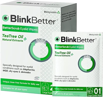 BlinkBetter Tea Tree Oil Eyelid Wipes Natural Blepharitis MGD & Dry Eye 20 Wipes