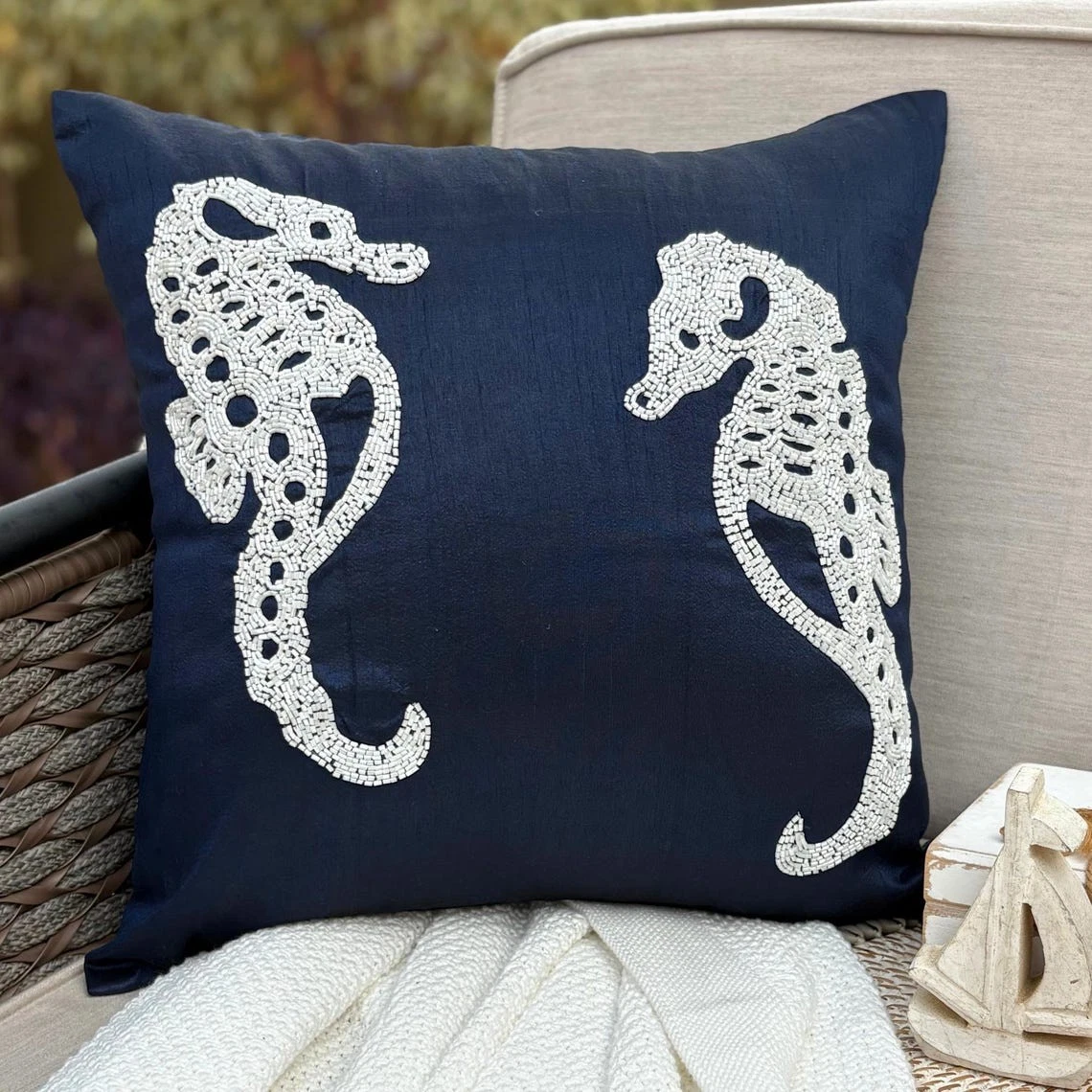 Decorative Pillow Cover Blue 16"x16", Bed Decor Silk - Navy Blue Sea Horse
Opens in a new window or