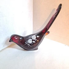 Fenton Art Glass Roses On Ruby Red Glass Amberina Bird Of Happiness  Signed 