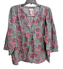 St John's Bay Women's XL Olive Green Floral Blouse Split Neck 3/4 Sleeve New