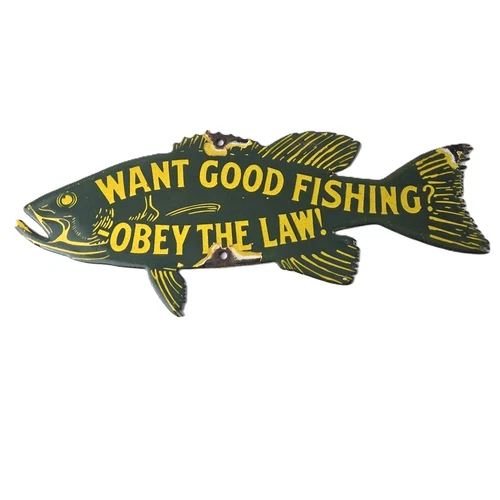 Vintage Fishing Obey Law Sign - Fish Wildlife Signage Porcelain Gas Pump Sign
