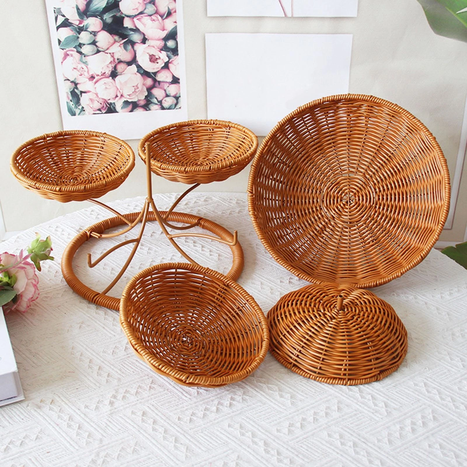 Imitation Rattan Fruit Basket Bread Basket for Kitchen Counter Rustic for Snacks