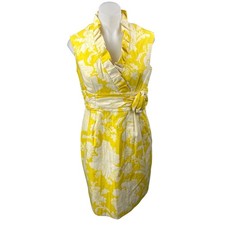 Jessica Howard Yellow Floral Ruffle Faux Wrap Sleeveless Mini Pencil Dress 10P