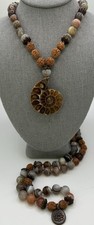 Handmade Mala Necklace Ammonite Fossil Pendant ,Rudraksha Seeds and Agate Beads