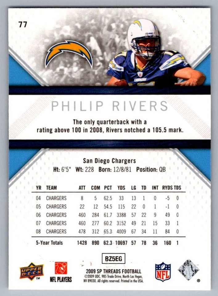 2009 SP Threads Philip Rivers San Diego Chargers #77 - Image 2 of 2