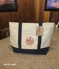 Trader Joe's Foldable Canvas Reusable Tote Bag Beige Navy Blue