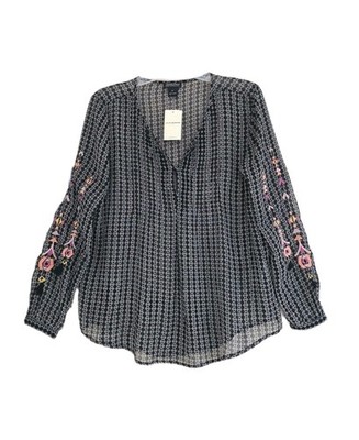 New Lucky Brand Women's Black Multi Embroidered Sleeve Sheer Top Blouse Sz M