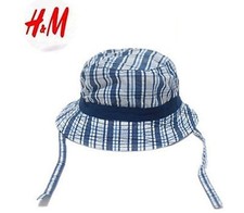Boys kids Baby Child Beach Travel Cotton Check Bucket Sun Hat Cap with strap 0-1
