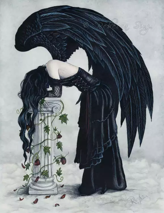 Fantasy Art PRINT Angel Despair Gothic Black Wings Column Clouds