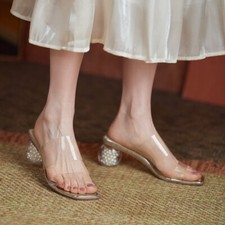 Women's Summer Mary Jane Sandals Crystal Heel Mid-Heel Square Toe Slippers Tide