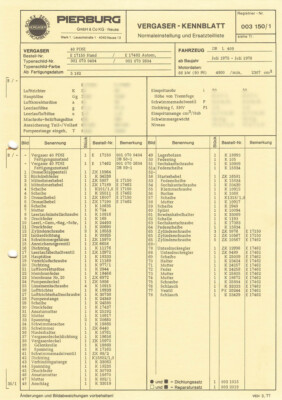 Setting data datasheet spare parts list Solex 40 PDSI carburetor Mercedes L 409