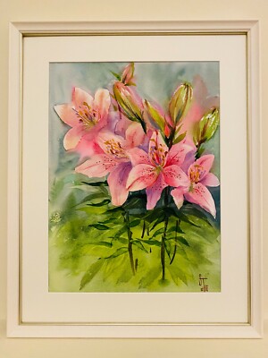 BLÜHENDE LILIEN Neu Original 52,5 x 42 cm Aquarell Gemälde ausgestellt Fine Art