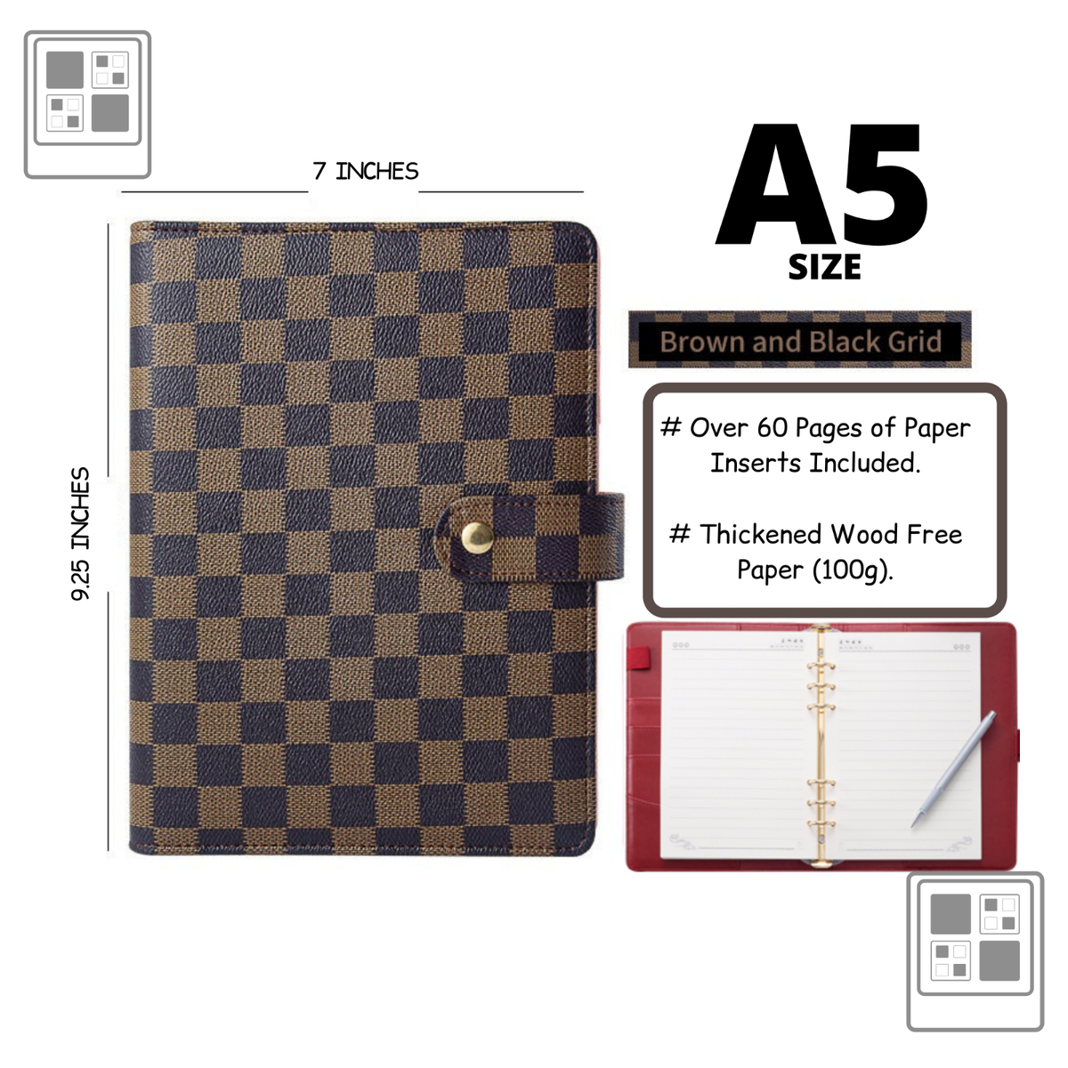 💗 Luxury Checkered Agenda Binder Planner Journal Gift A5 [Brown