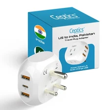 Ceptics India, Pakistan Travel Adapter USA to Type D Bangladesh, Maldives