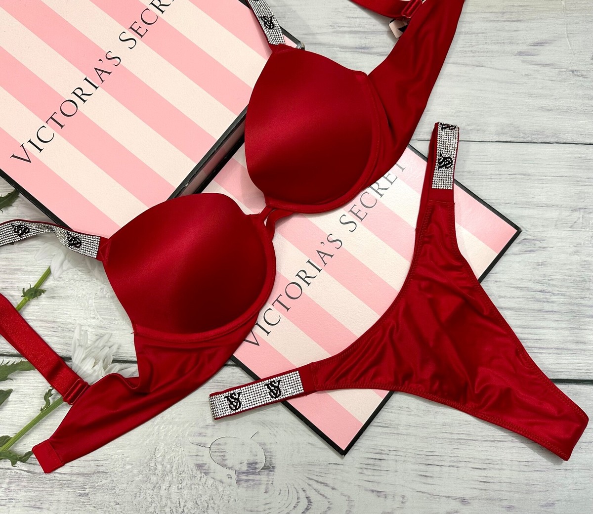 Victoria's Secret Shine Strap Push Up Bra Thong VS Logo Set Smooth