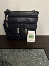 Afonie Black Leather Crossbody With Five Zipper Pockets.