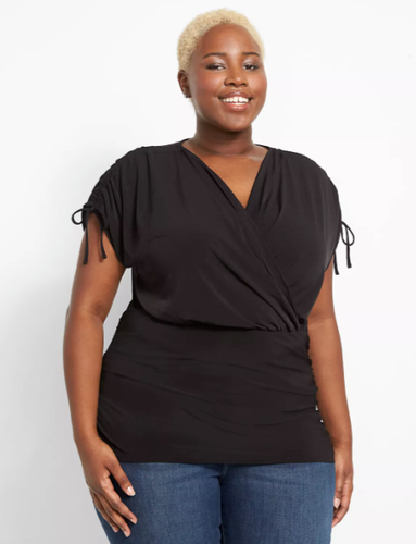 Lane Bryant Drawstring Shoulder Fitted V-Neck Knit Top Black Plus Size 18/20 NWT