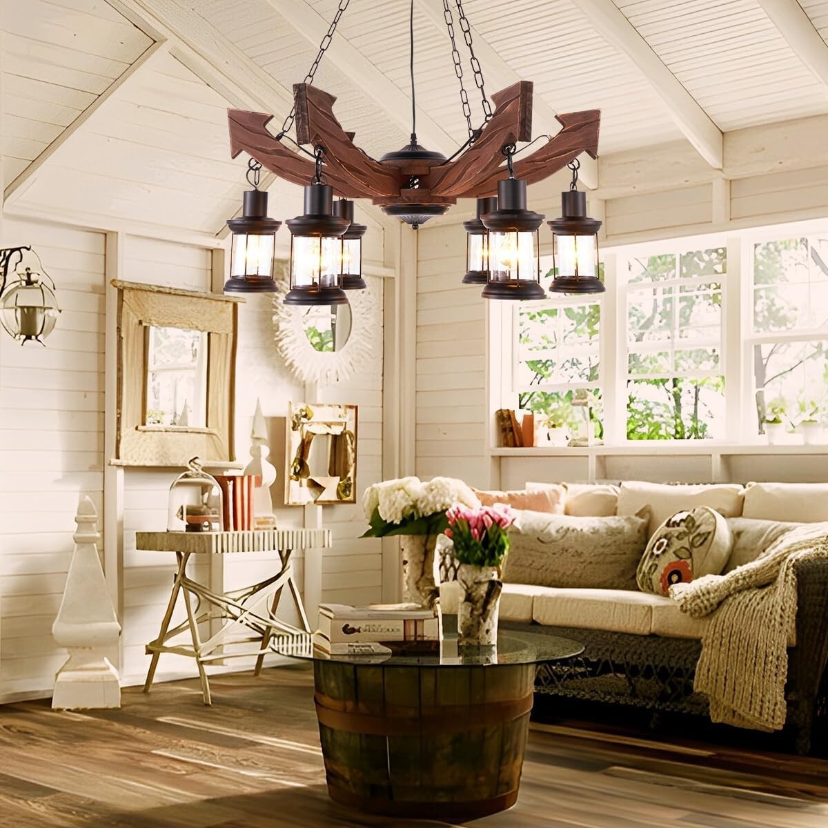 Retro Wood Pendant Chandelier 6-Lights Ceiling Lamp Industrial Rustic Fixtures
